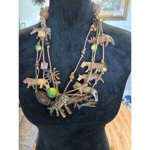 Vtg Tribal African Hand-Carved Wooden Animal Safari Bead Necklace Ethnic Boho